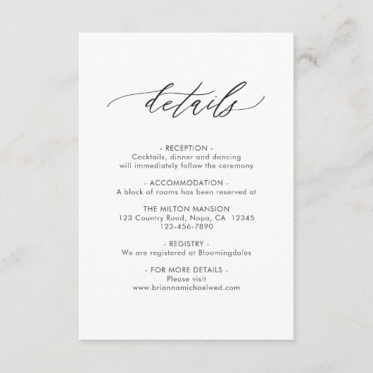 Einfache elegante kalligraphische Hochzeitdetails Begleitkarte (Vorderseite)