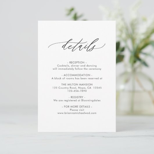 Einfache elegante kalligraphische Hochzeitdetails Begleitkarte (Stehend Vorderseite)