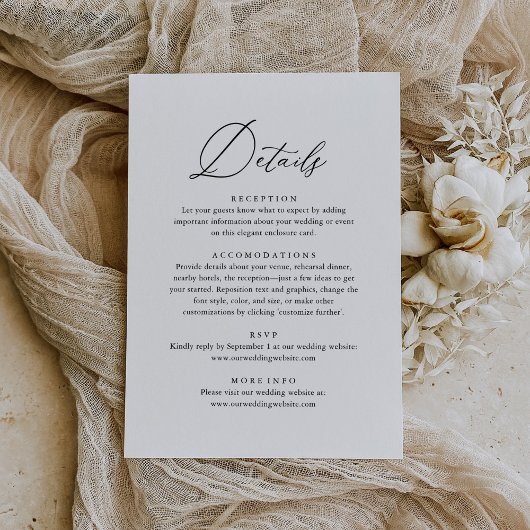 Einfache elegante kalligraphische Hochzeitdetails RSVP Karte