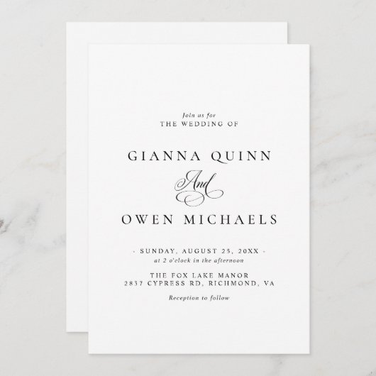 Einfache elegante klassische Schwarz-Weiß-Hochzeit Einladung (Vorne/Hinten)