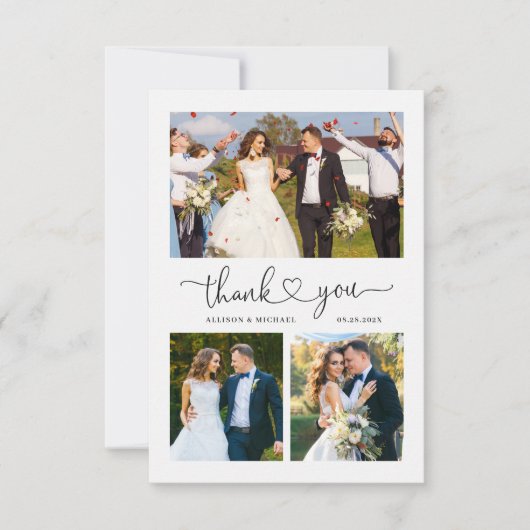 Einfache Elegante Liebe Herzblatt 4 Foto Hochzeit Dankeskarte (Vorderseite)