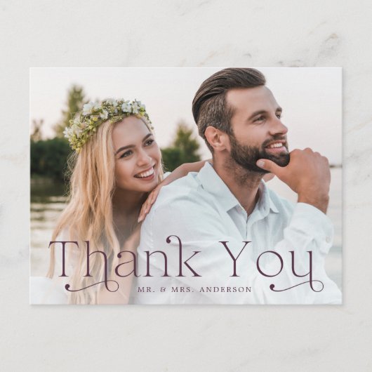Einfache, elegante Lila Foto Hochzeit Vielen Dank Postkarte (Vorderseite)