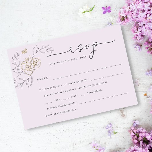 Einfache Elegante Line Floral Lilac Gold Hochzeit RSVP Karte