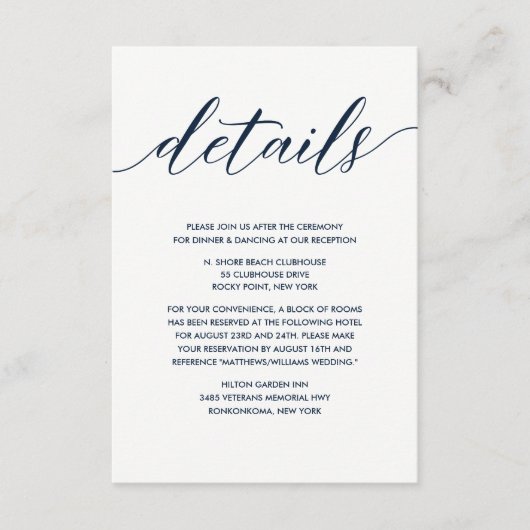 Einfache Elegante Marine und White Wedding Details Begleitkarte (Vorderseite)