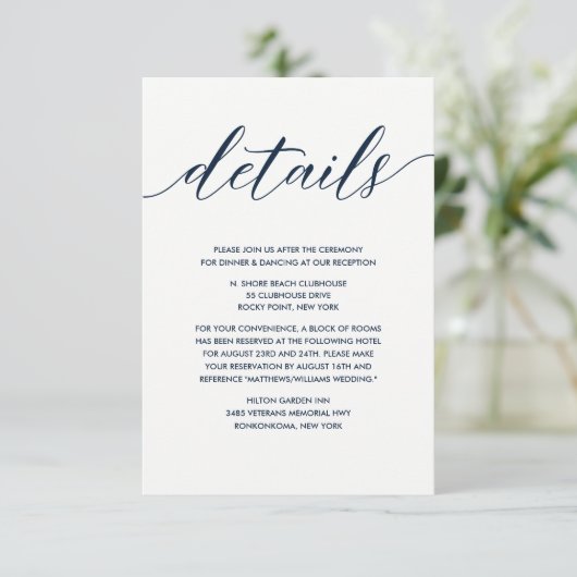 Einfache Elegante Marine und White Wedding Details Begleitkarte (Stehend Vorderseite)