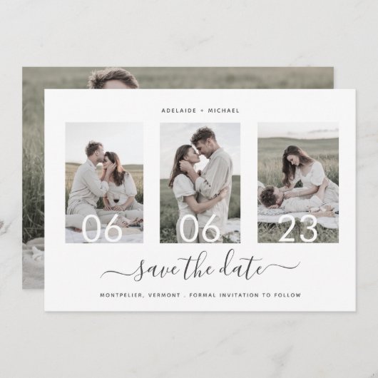 Einfache Elegante Minimal 4 Foto Collage Hochzeit Save The Date (Vorne/Hinten)