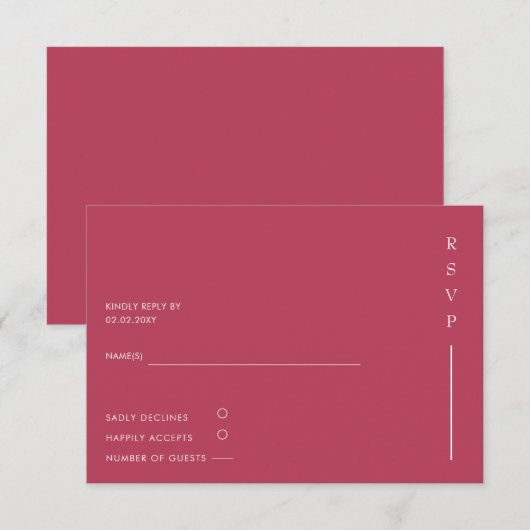 Einfache Elegante Minimal Modern Magenta Hochzeit RSVP Karte (Vorne/Hinten)