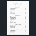 Einfache elegante Minimal Moderne Business-Preisli<br><div class="desc">Elegante Preisliste mit einem einfachen und minimalen Schwarzweiß-Design mit Ihrem Firmennamen in einem klassischen Serif-Schriftart und Ihrem Tagline in einem eleganten Skript. Die Vorlage enthält acht geteilte Bereiche für Ihr Service-Menü / Preisliste. Diese moderne und dennoch berufliche Preisliste ist vielseitig für jede Art von Geschäft.</div>