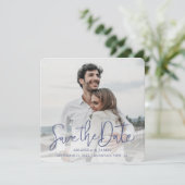 Einfache Elegante Moderne Blue Script Foto Hochzei Save The Date (Stehend Vorderseite)