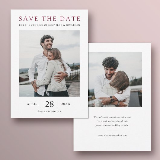 Einfache Elegante Moderne Burgund Foto Hochzeit Save The Date