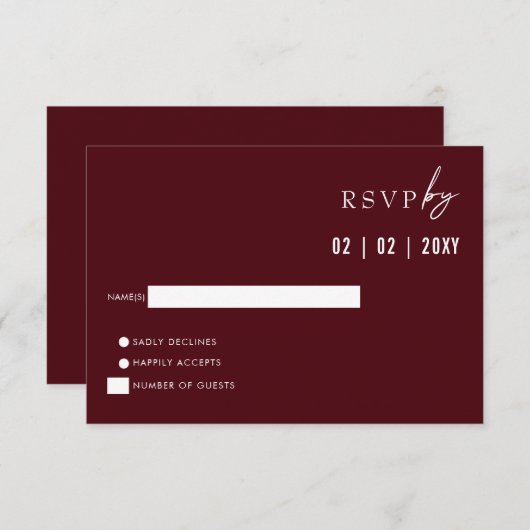 Einfache Elegante Moderne Burgundy Hochzeit RSVP Karte (Vorne/Hinten)