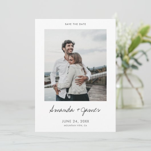 Einfache Elegante Moderne Foto Verlobung Hochzeit Save The Date (Stehend Vorderseite)