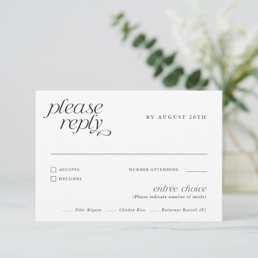 Einfache elegante moderne Hochzeitsmahlzeit RSVP Karte (Stehend Vorderseite)