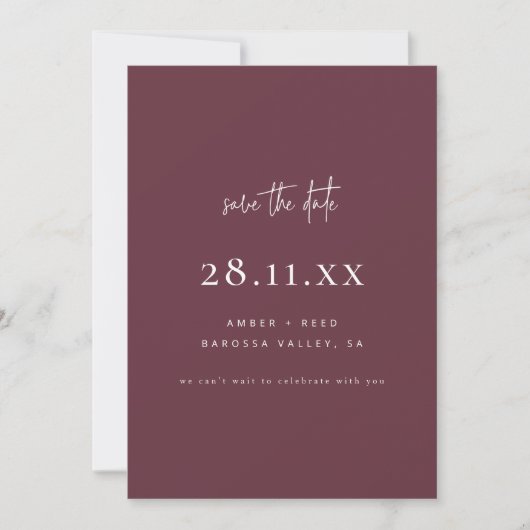 Einfache Elegante Moderne Minimalistische Burgundy Save The Date (Vorderseite)