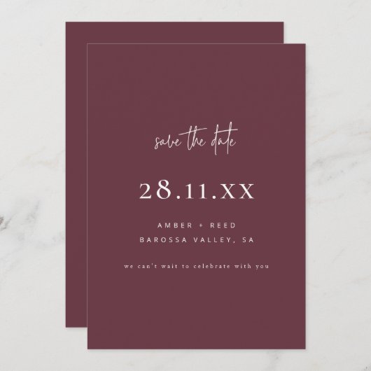 Einfache Elegante Moderne Minimalistische Burgundy Save The Date (Vorne/Hinten)