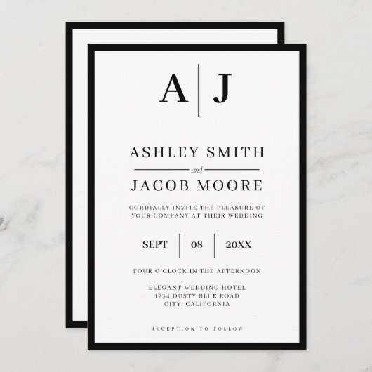 Einfache Elegante Moderne Monogramm Schwarz-weiße  Einladung (Vorne/Hinten)
