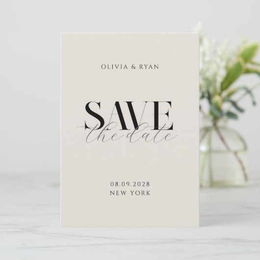 Einfache Elegante Moderne Schwarze und Elfenbeinch Save The Date (Stehend Vorderseite)