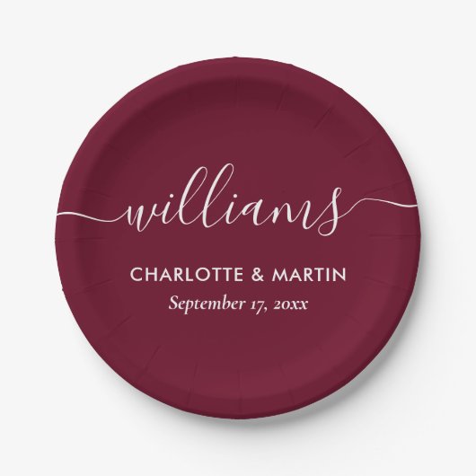 Einfache elegante moderne Script Burgundy Hochzeit Pappteller (Vorderseite)