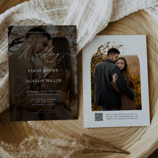 Einfache Elegante moderne Script QR Code Foto Hoch Einladung