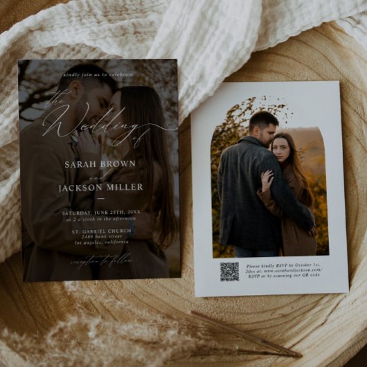 Einfache Elegante moderne Script QR Code Foto Hoch Einladung