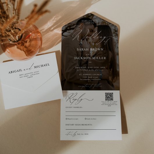 Einfache Elegante moderne Script QR Code Hochzeit All In One Einladung