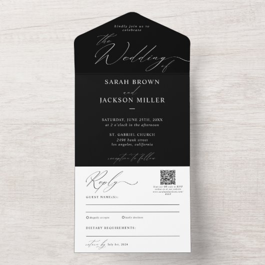 Einfache Elegante moderne Script QR Code Hochzeit All In One Einladung (Innen Boden)