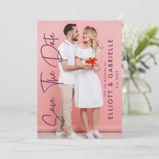 Einfache Elegante Moderne Skript-Foto Hochzeit Save The Date (Stehend Vorderseite)