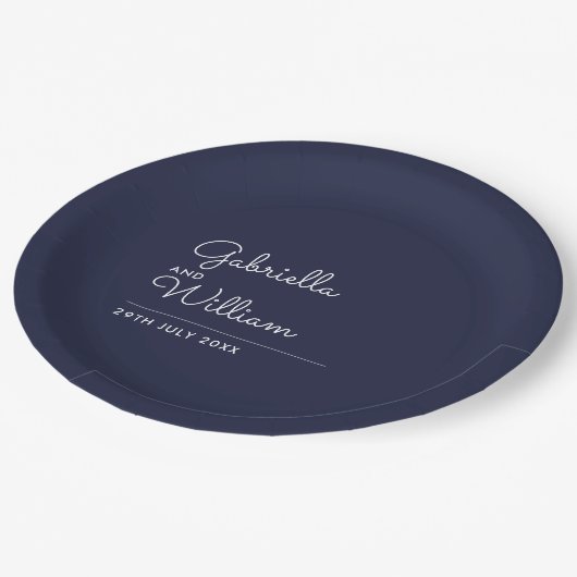 Einfache Elegante Moderne Skripte Navy Blue Pappteller (Schrägansicht)