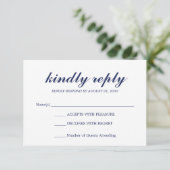 Einfache elegante moderne SkriptWedding RSVP Navy (Stehend Vorderseite)
