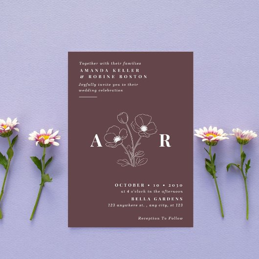 Einfache elegante Mohnblume Blume Einladung Hochze