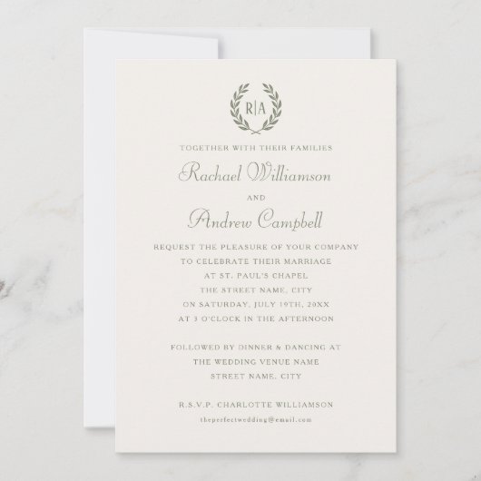 Einfache elegante Mongram Grüne Creme Hochzeit Einladung (Vorderseite)