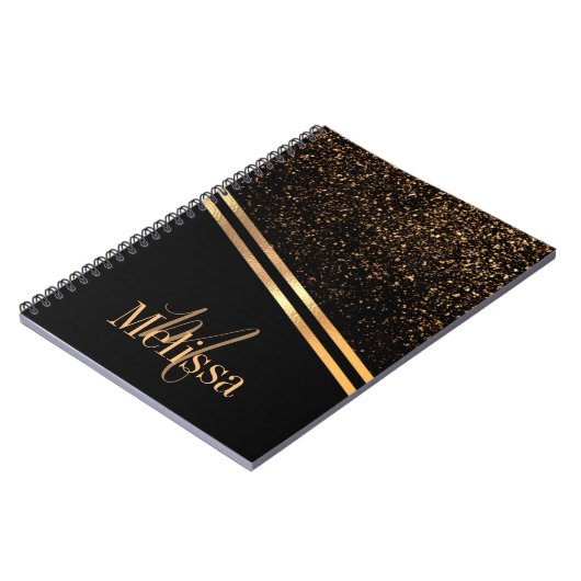 Einfache, elegante Monogram Black and Gold Glitzer Notizblock (Linke Seite)