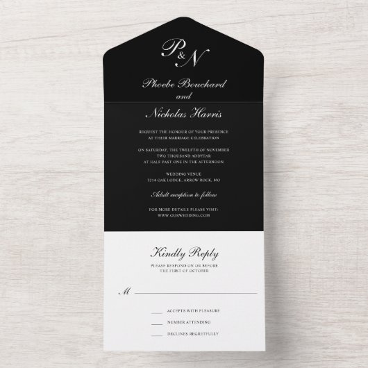 Einfache Elegante Monogram Black Wedding All In One Einladung (Innen Boden)