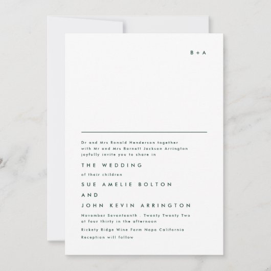 Einfache Elegante Monogram Emerald Green Wedding Einladung (Vorderseite)