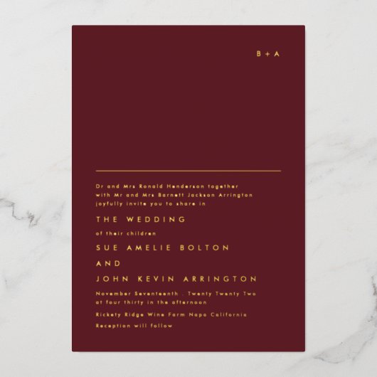 Einfache elegante Monogram Gold | Maroon Burgundy Folieneinladung (Vorderseite)