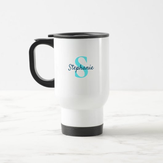 Einfache elegante Monogram Name Aqua Blue Reisebecher (Links)