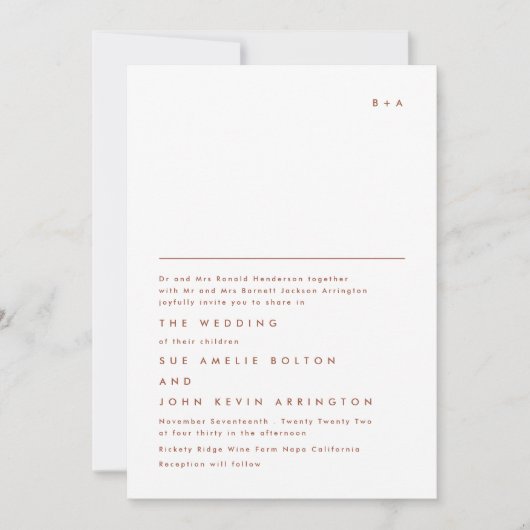 Einfache elegante Monogram Terracotta White Weddin Einladung (Vorderseite)