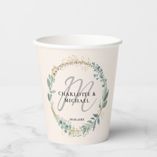Einfache, elegante, Monogramm, Eukalyptus-Hochzeit Pappbecher (Vorderseite)