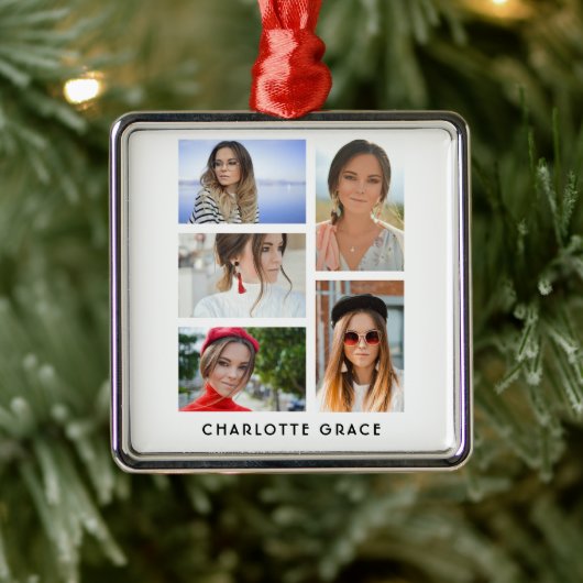 Einfache elegante Multi-Foto-Personalisierte Bezei Ornament Aus Metall (Baum)