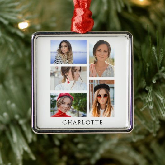 Einfache elegante Multi-Foto-Personalisierte Bezei Ornament Aus Metall (Baum)