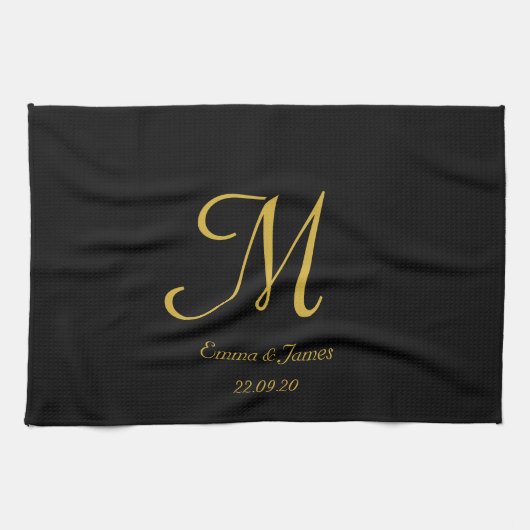 Einfache, elegante Name Schwarz und Gold Monogram Geschirrtuch (Horizontal)