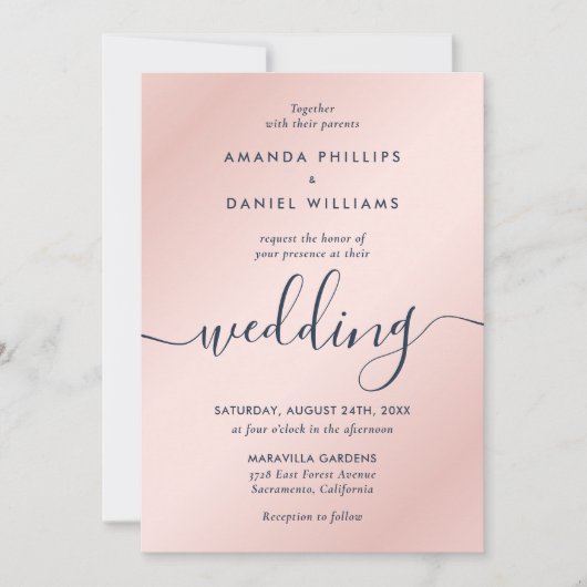 Einfache Elegante Navy Blue und Blush Modernes Skr Einladung (Vorderseite)