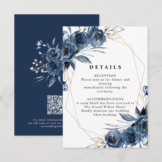 Einfache elegante navyblaue Hochzeits-QR-Code-Deta Begleitkarte (Vorne/Hinten)