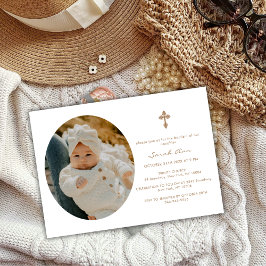 Einfache elegante Oval Gold Cross Baby Foto Taufe Einladung