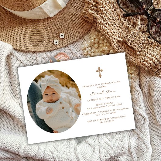 Einfache elegante Oval Gold Cross Baby Foto Taufe Einladung