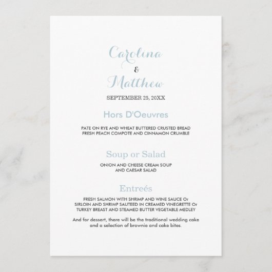 Einfache, elegante, pastellblaue Hochzeitmenü Menükarte (Vorderseite)