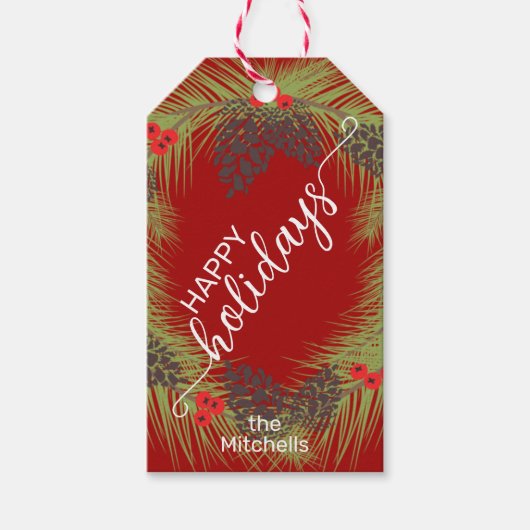 Einfache, elegante Pinecones dunkelrot und weiß Geschenkanhänger (Vorderseite)