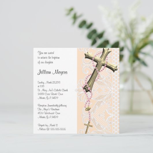 Einfache, elegante Rosa Kreuzung Taufe/Feiern Einladung (Stehend Vorderseite)