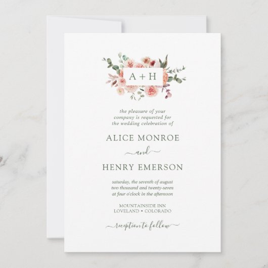 Einfache, elegante Rosa Rosen Grüne Hochzeit Einladung (Vorderseite)