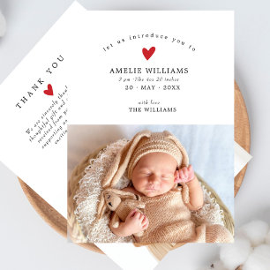 Einfache Elegante Rote Herz 2 Fotos Baby Shower Dankeskarte
